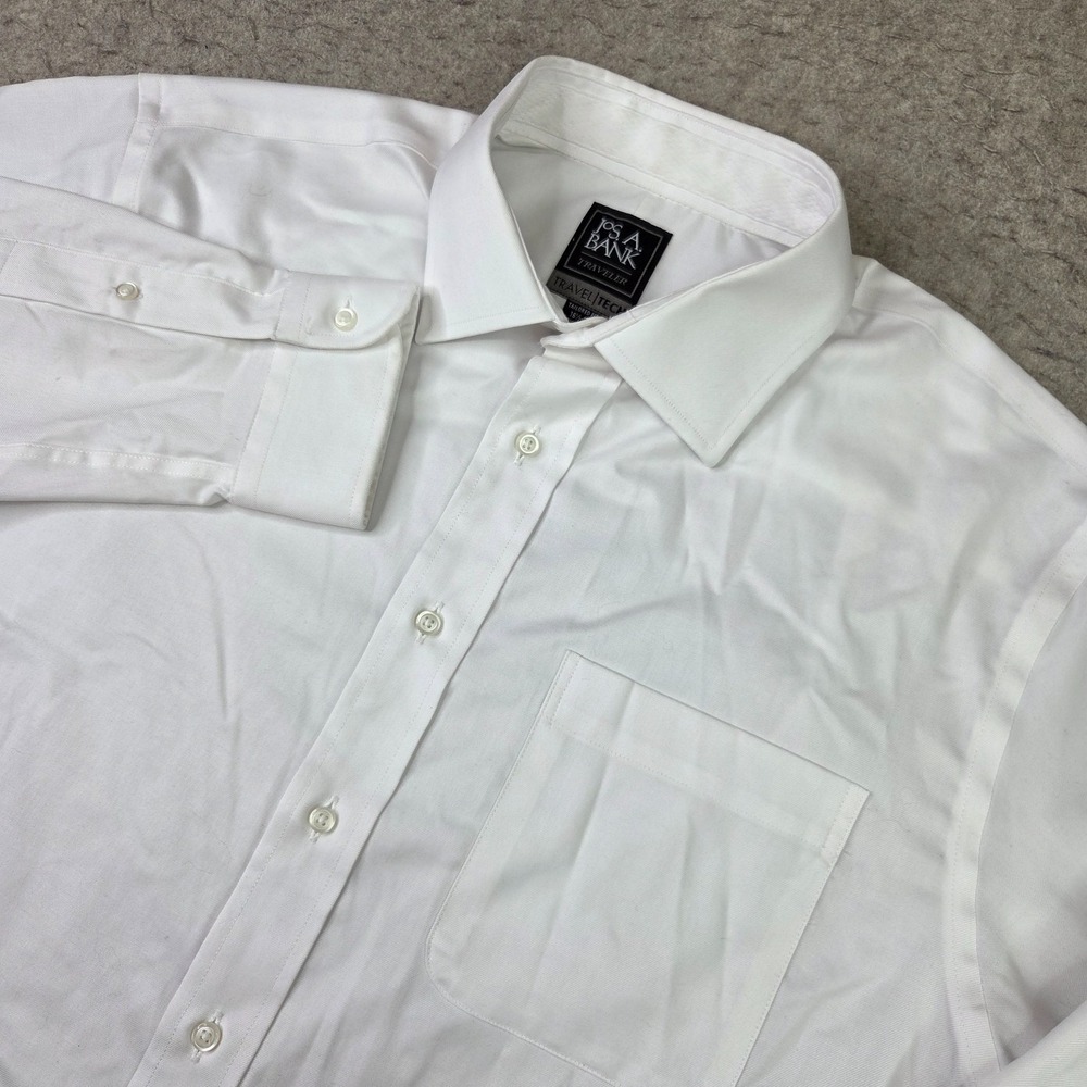 Jos A Bank Traveler Travel Tech Dress Shirt Mens 16.5-35 Solid White Long Sleeve